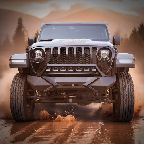 X Style Front Bumper With Winch Plate Compatible With Wrangler JK 2007-2018 JL 2018- Heavy Duty Black Textured Manganese Steel Construction, Perfect For On And Off-Road Used