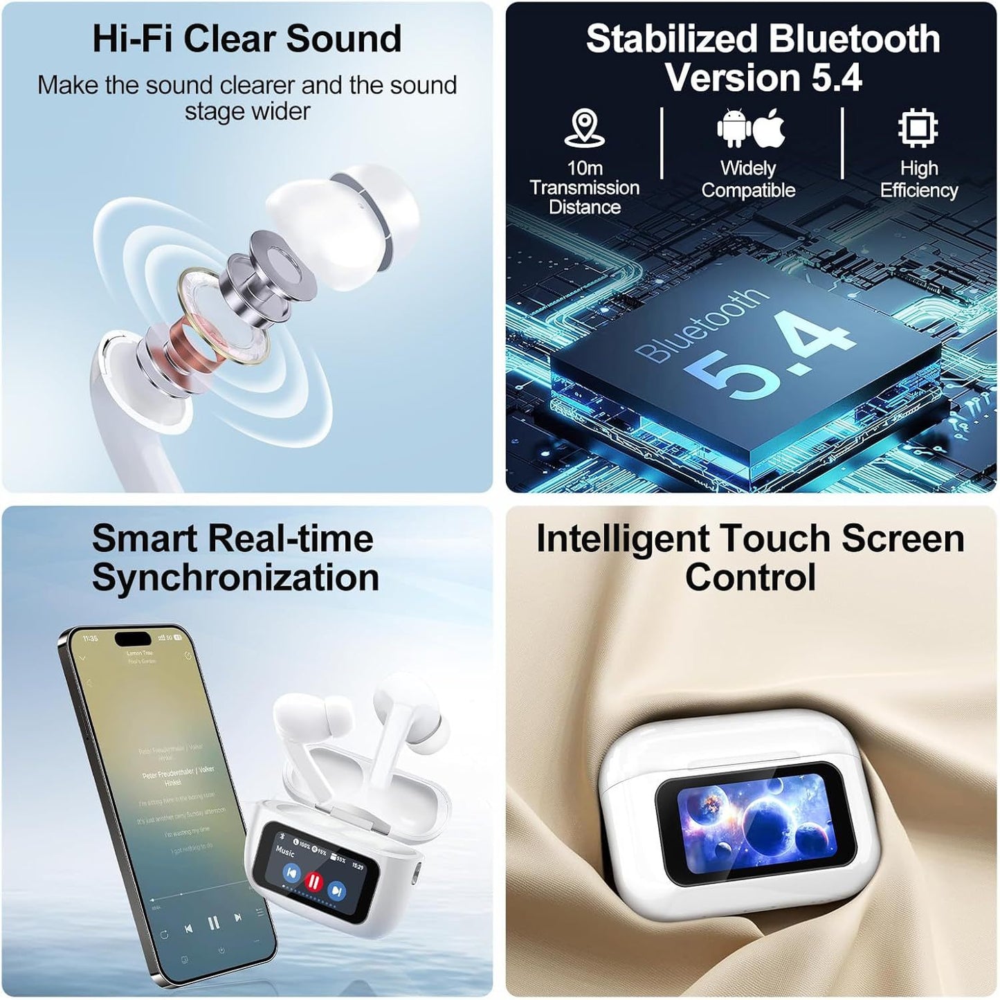 ✨ Écouteurs Bluetooth 5.4 Sans Fil – ANC, Micro et Écran Tactile