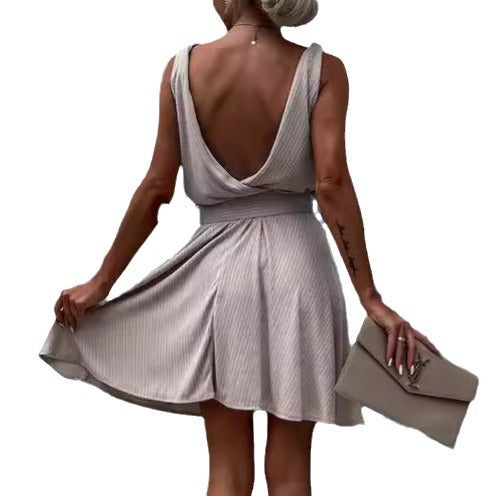 Women's Fashion Solid Color Deep V-neck Sleeveless Lace-up Dress