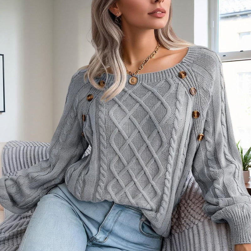 Pull Femme Automne-Hiver – Col Carré & Boutons Déco
