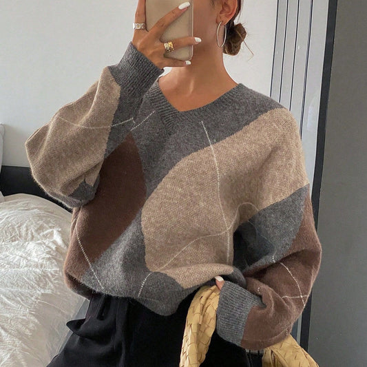 Pull Femme Style Coréen – Losanges Multicolores & Col V