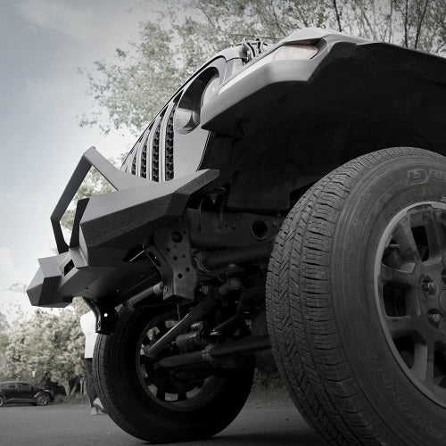 X Style Front Bumper With Winch Plate Compatible With Wrangler JK 2007-2018 JL 2018- Heavy Duty Black Textured Manganese Steel Construction, Perfect For On And Off-Road Used