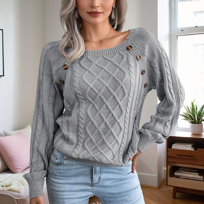 Pull Femme Automne-Hiver – Col Carré & Boutons Déco