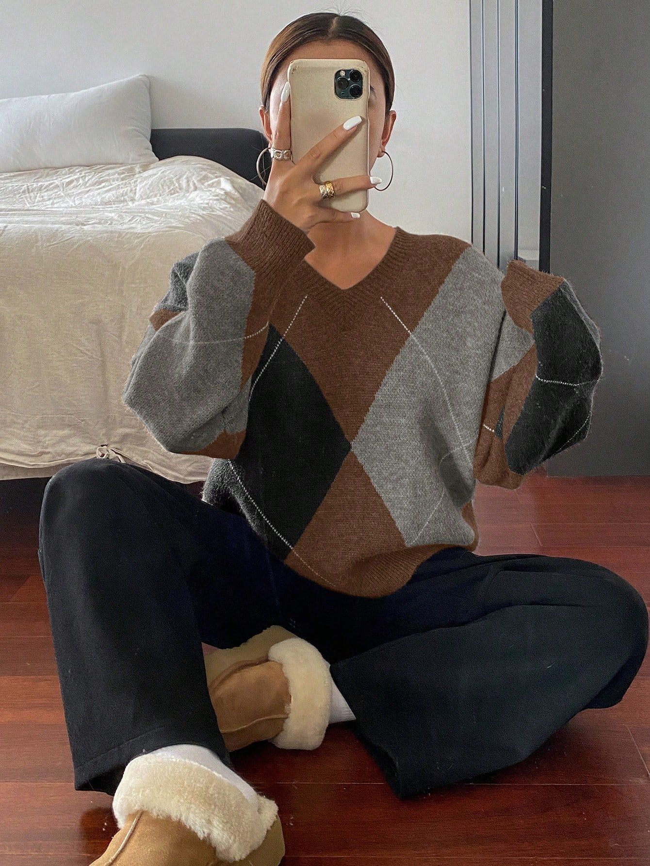 Pull Femme Style Coréen – Losanges Multicolores & Col V