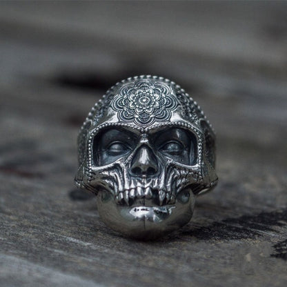 💀 Bague Crâne Mandala en Acier Inoxydable – Style Biker Homme