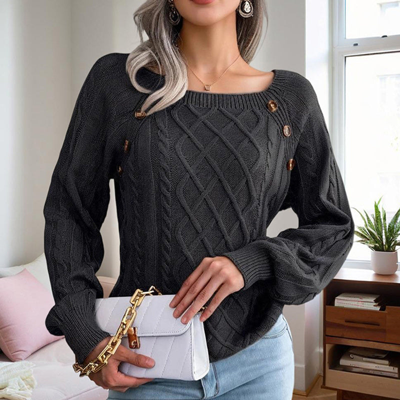 Pull Femme Automne-Hiver – Col Carré & Boutons Déco