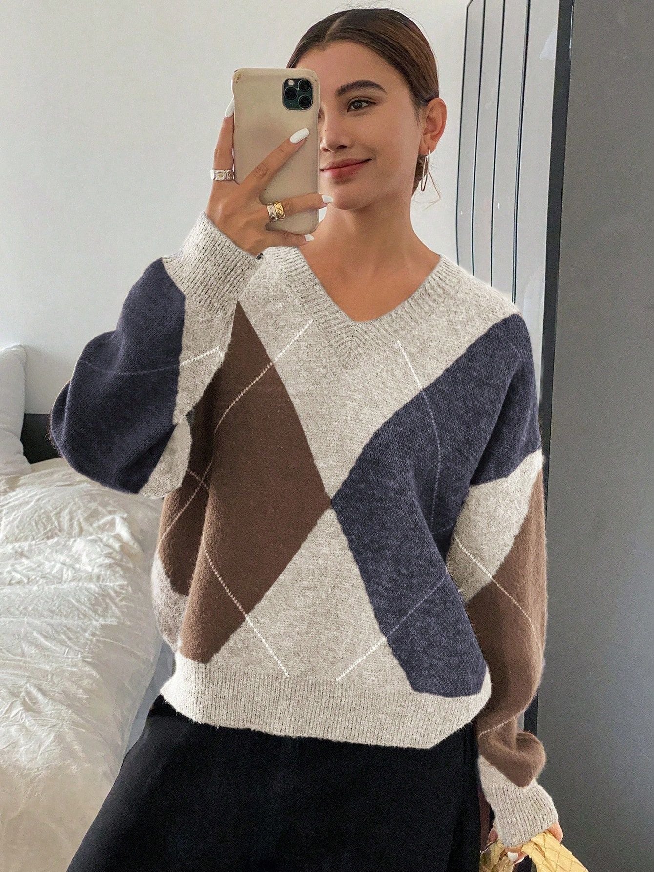 Pull Femme Style Coréen – Losanges Multicolores & Col V