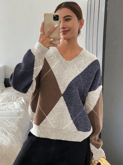Pull Femme Style Coréen – Losanges Multicolores & Col V