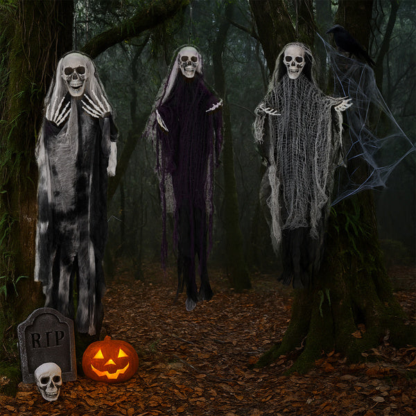 ️ Halloween Effrayant : 3 Fantômes Squelettes à Suspendre