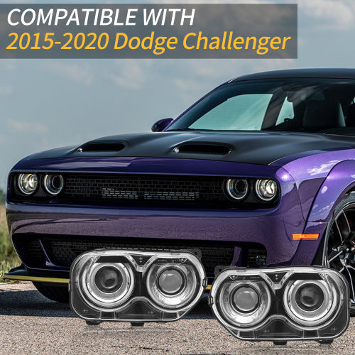 Halogen Headlights Assembly Fit For 2015 2016 2017 2018 2019 2020 Dodge Challenger, Black Housing Headlamps With Bulb, Pair Passenger&Driver Sides