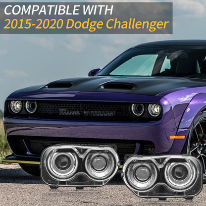 Halogen Headlights Assembly Fit For 2015 2016 2017 2018 2019 2020 Dodge Challenger, Black Housing Headlamps With Bulb, Pair Passenger&Driver Sides