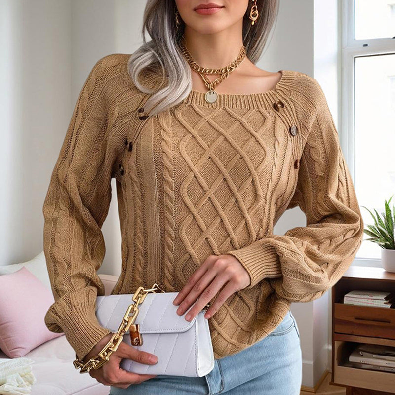 Pull Femme Automne-Hiver – Col Carré & Boutons Déco