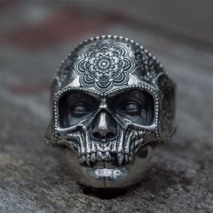 💀 Bague Crâne Mandala en Acier Inoxydable – Style Biker Homme