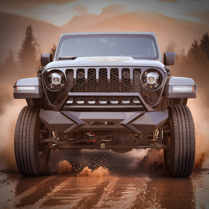 X Style Front Bumper With Winch Plate Compatible With Wrangler JK 2007-2018 JL 2018- Heavy Duty Black Textured Manganese Steel Construction, Perfect For On And Off-Road Used