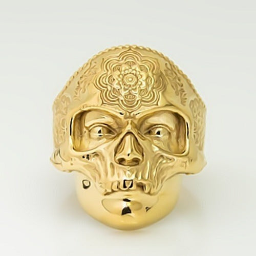 💀 Bague Crâne Mandala en Acier Inoxydable – Style Biker Homme