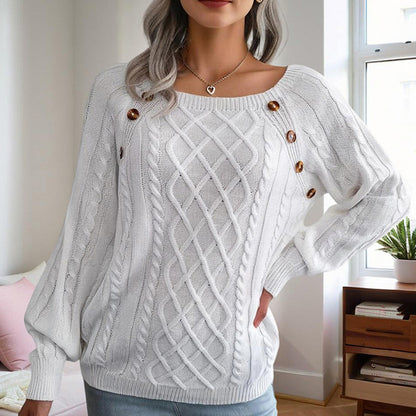 Pull Femme Automne-Hiver – Col Carré & Boutons Déco