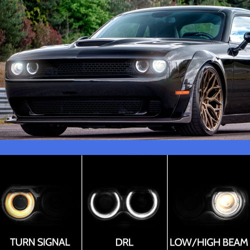 Halogen Headlights Assembly Fit For 2015 2016 2017 2018 2019 2020 Dodge Challenger, Black Housing Headlamps With Bulb, Pair Passenger&Driver Sides