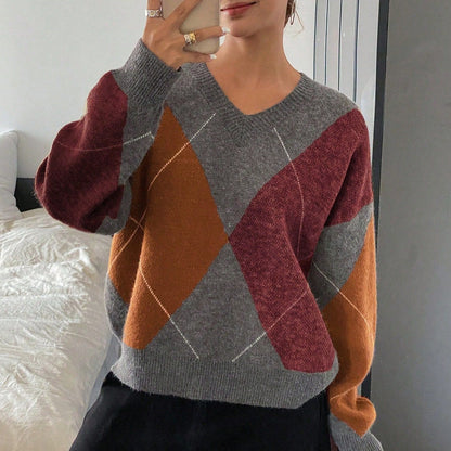 Pull Femme Style Coréen – Losanges Multicolores & Col V