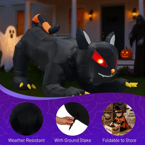 Chat Noir Gonflable Halloween 6,5 pieds – Tête Animée & LED Intégrées