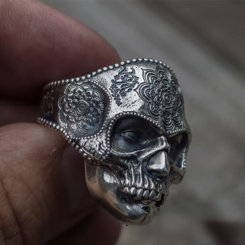 💀 Bague Crâne Mandala en Acier Inoxydable – Style Biker Homme