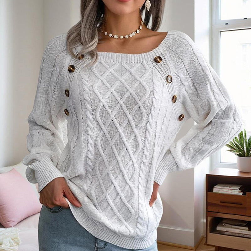 Pull Femme Automne-Hiver – Col Carré & Boutons Déco