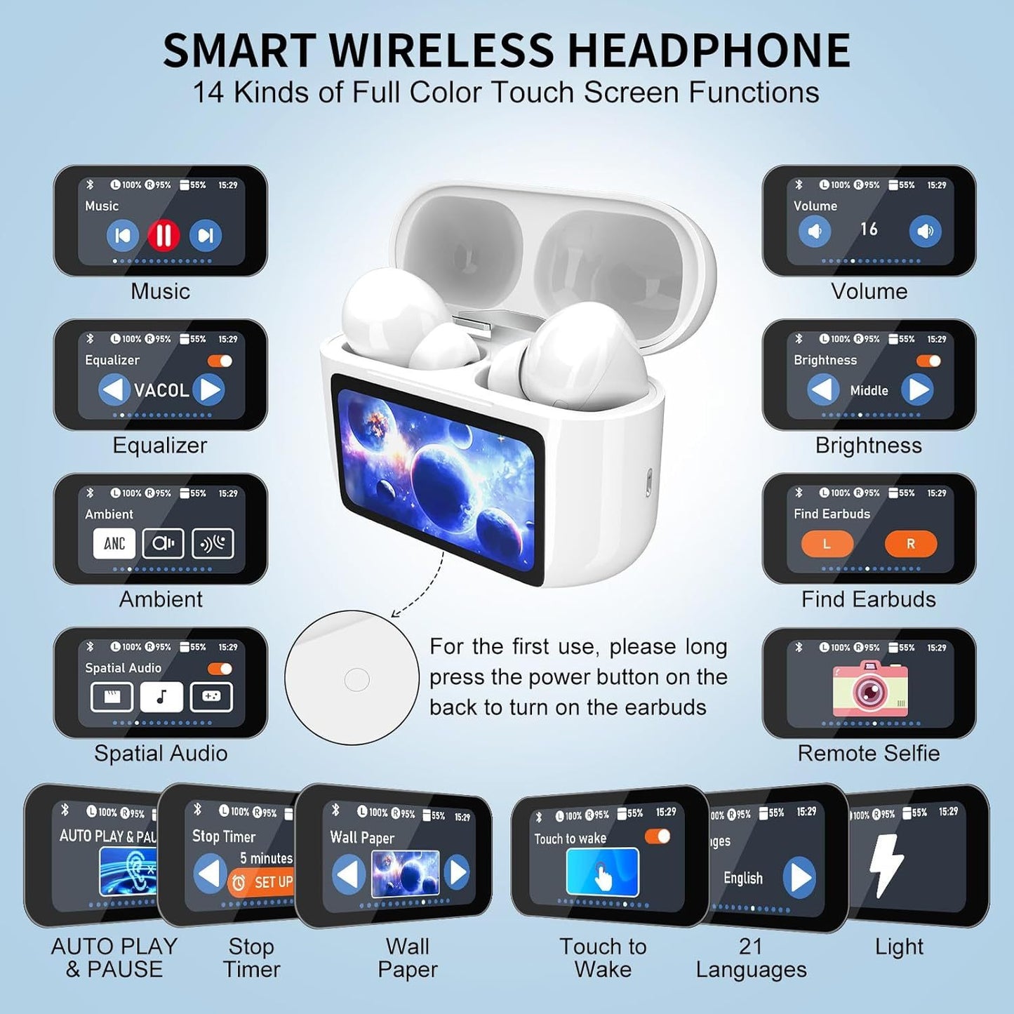 ✨ Écouteurs Bluetooth 5.4 Sans Fil – ANC, Micro et Écran Tactile