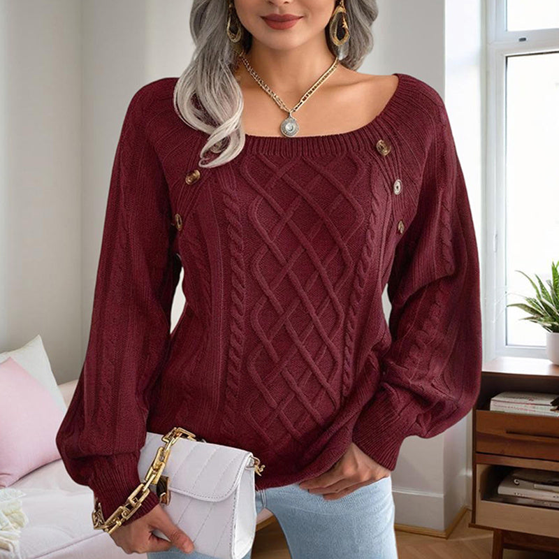 Pull Femme Automne-Hiver – Col Carré & Boutons Déco