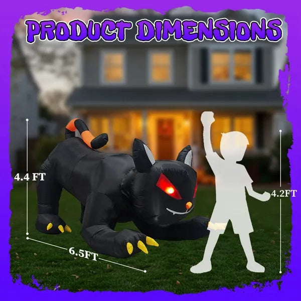 Chat Noir Gonflable Halloween 6,5 pieds – Tête Animée & LED Intégrées