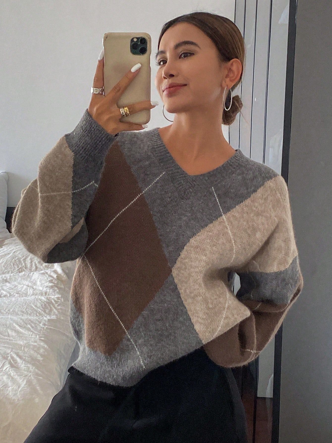 Pull Femme Style Coréen – Losanges Multicolores & Col V