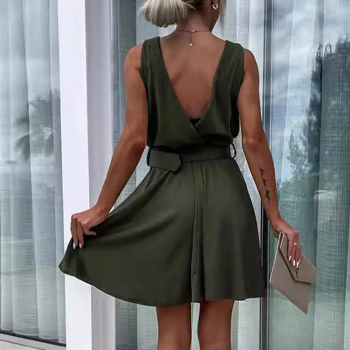Women's Fashion Solid Color Deep V-neck Sleeveless Lace-up Dress