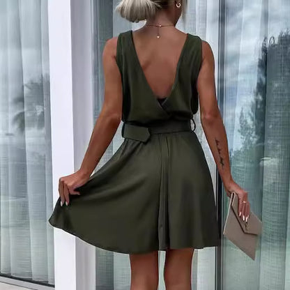 Women's Fashion Solid Color Deep V-neck Sleeveless Lace-up Dress