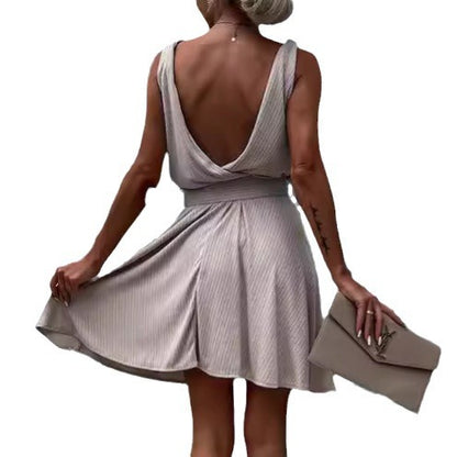 Women's Fashion Solid Color Deep V-neck Sleeveless Lace-up Dress