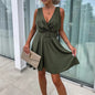 Women's Fashion Solid Color Deep V-neck Sleeveless Lace-up Dress