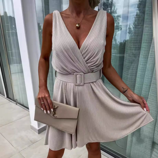 Women's Fashion Solid Color Deep V-neck Sleeveless Lace-up Dress