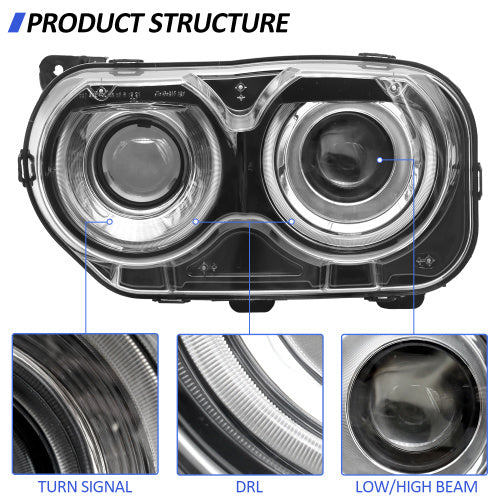 Halogen Headlights Assembly Fit For 2015 2016 2017 2018 2019 2020 Dodge Challenger, Black Housing Headlamps With Bulb, Pair Passenger&Driver Sides
