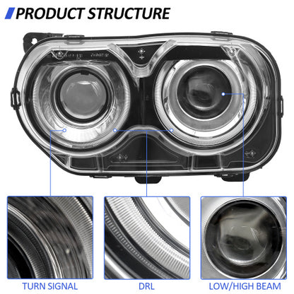 Halogen Headlights Assembly Fit For 2015 2016 2017 2018 2019 2020 Dodge Challenger, Black Housing Headlamps With Bulb, Pair Passenger&Driver Sides