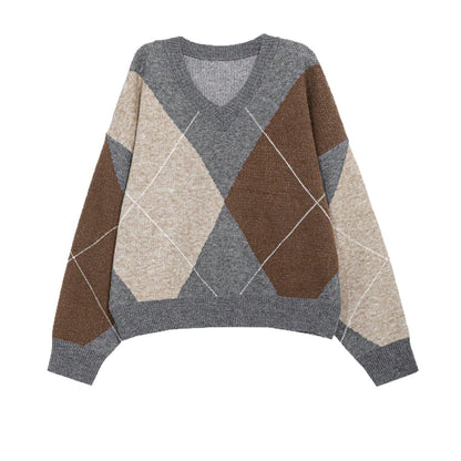 Pull Femme Style Coréen – Losanges Multicolores & Col V