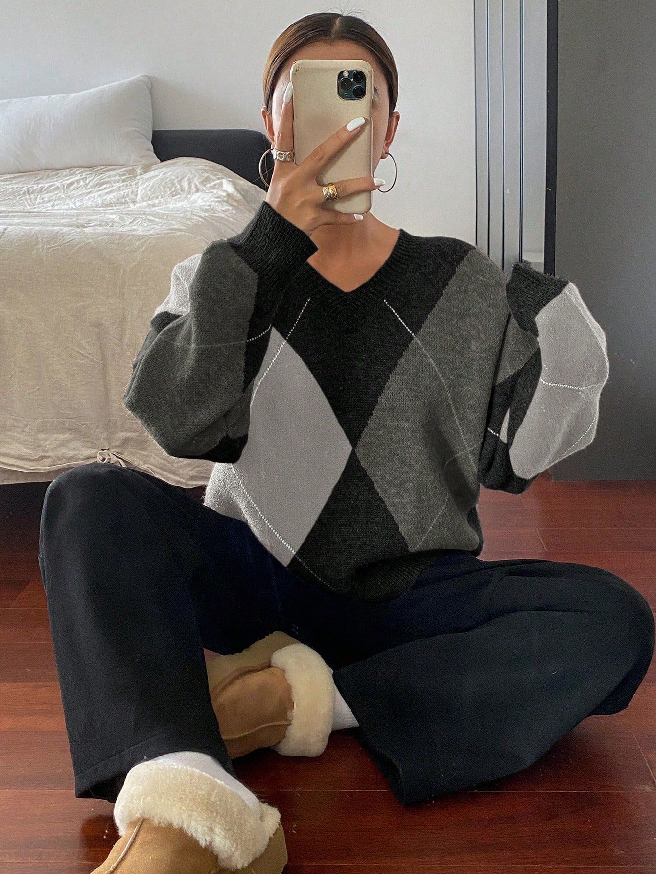 Pull Femme Style Coréen – Losanges Multicolores & Col V