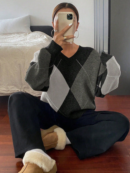 Pull Femme Style Coréen – Losanges Multicolores & Col V