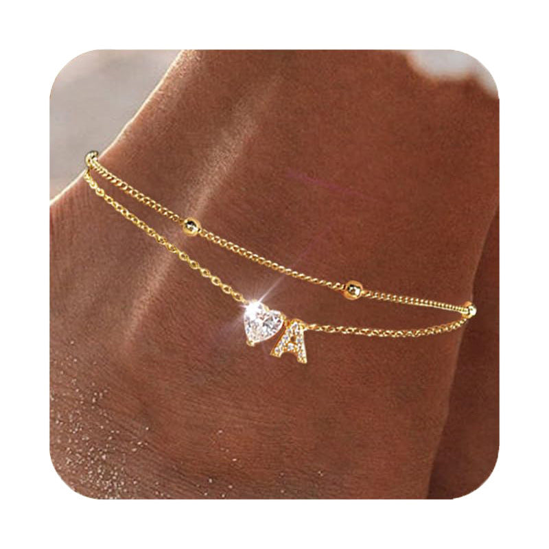 💎 Bracelet de Cheville 26 Lettres – Cœur & Zircon