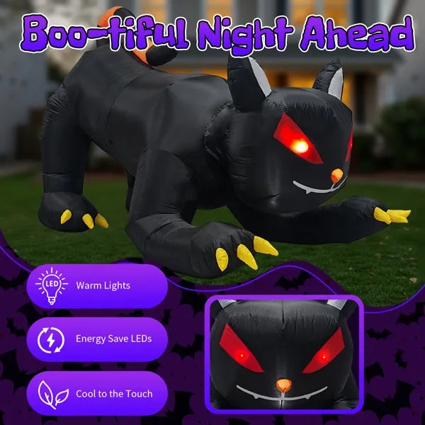 Chat Noir Gonflable Halloween 6,5 pieds – Tête Animée & LED Intégrées