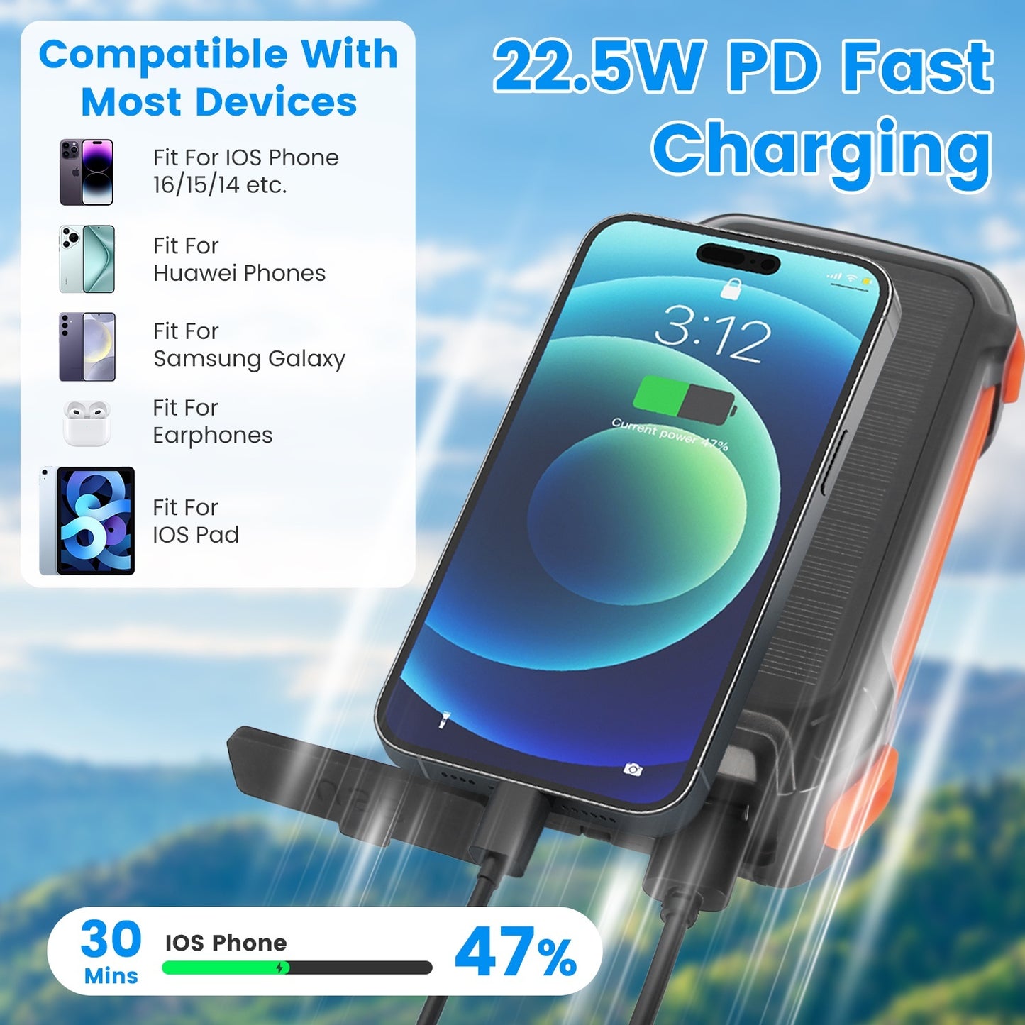 ✨ Power Bank Solaire 49800mAh – Charge Rapide PD 22.5W, Sans Fil 15W, Lampe LED Intégrée
