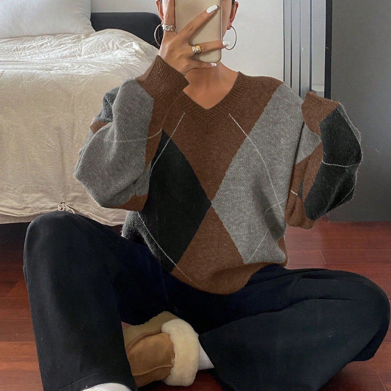 Pull Femme Style Coréen – Losanges Multicolores & Col V