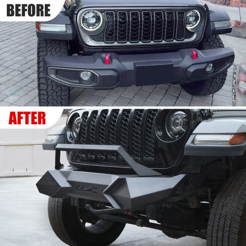 X Style Front Bumper With Winch Plate Compatible With Wrangler JK 2007-2018 JL 2018- Heavy Duty Black Textured Manganese Steel Construction, Perfect For On And Off-Road Used