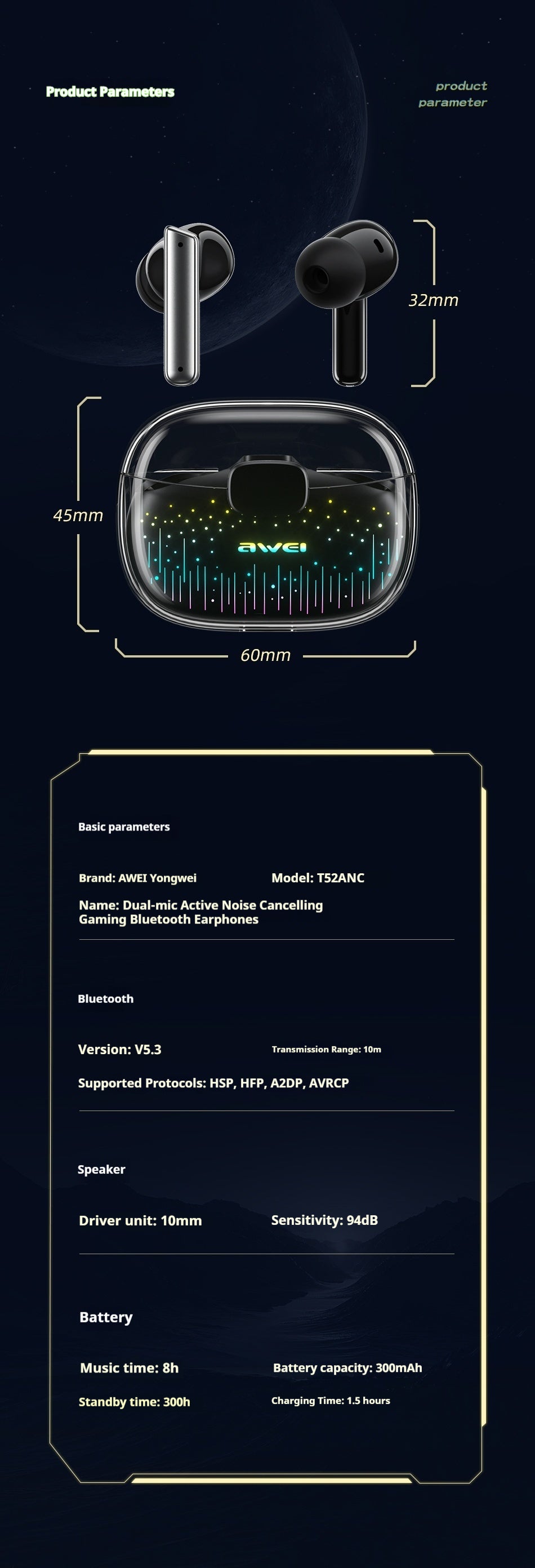 ✨ AWEI Starry Sky – Casque Bluetooth Gaming avec Micro Double et Réduction Active du Bruit