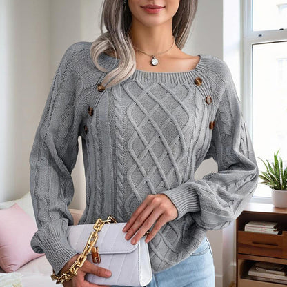 Pull Femme Automne-Hiver – Col Carré & Boutons Déco