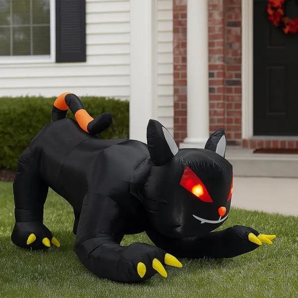 Chat Noir Gonflable Halloween 6,5 pieds – Tête Animée & LED Intégrées