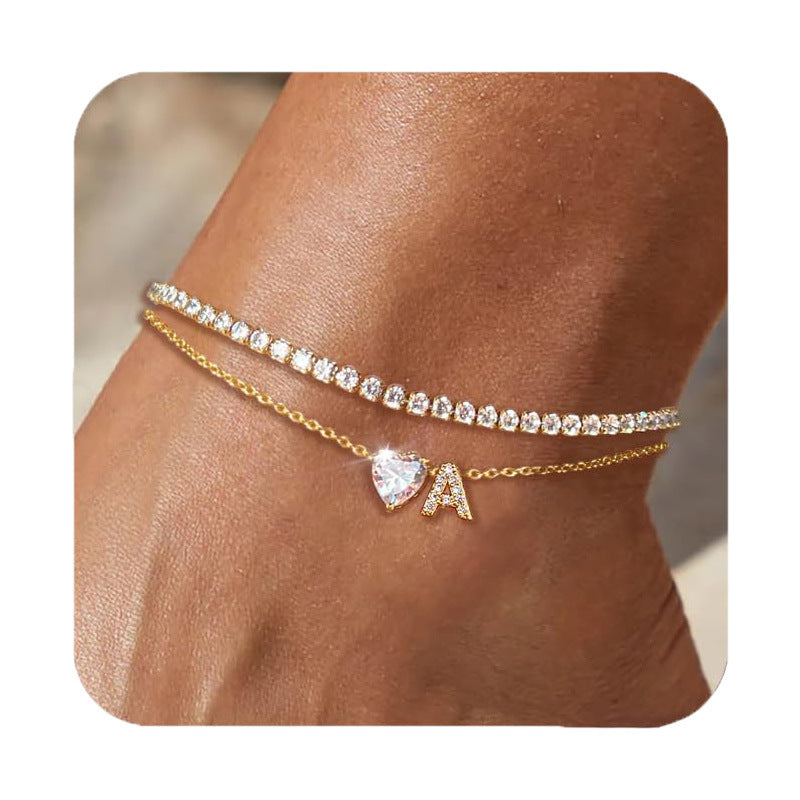 💎 Bracelet de Cheville 26 Lettres – Cœur & Zircon