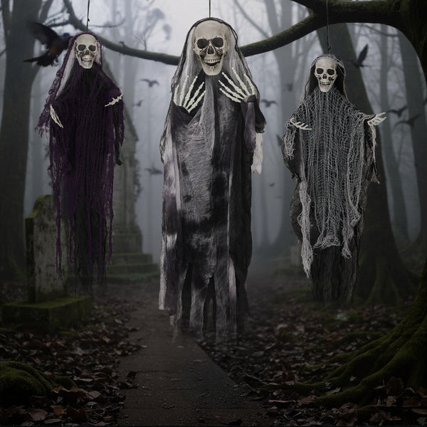 ️ Halloween Effrayant : 3 Fantômes Squelettes à Suspendre