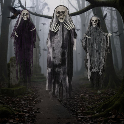 ️ Halloween Effrayant : 3 Fantômes Squelettes à Suspendre